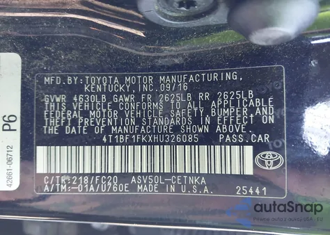 2017 Toyota Camry Le from USA, damaged, VIN 4T1BF1FKXHU326085